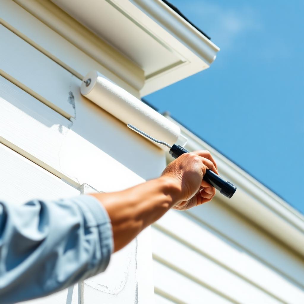 Painter applying white paint to exterior siding