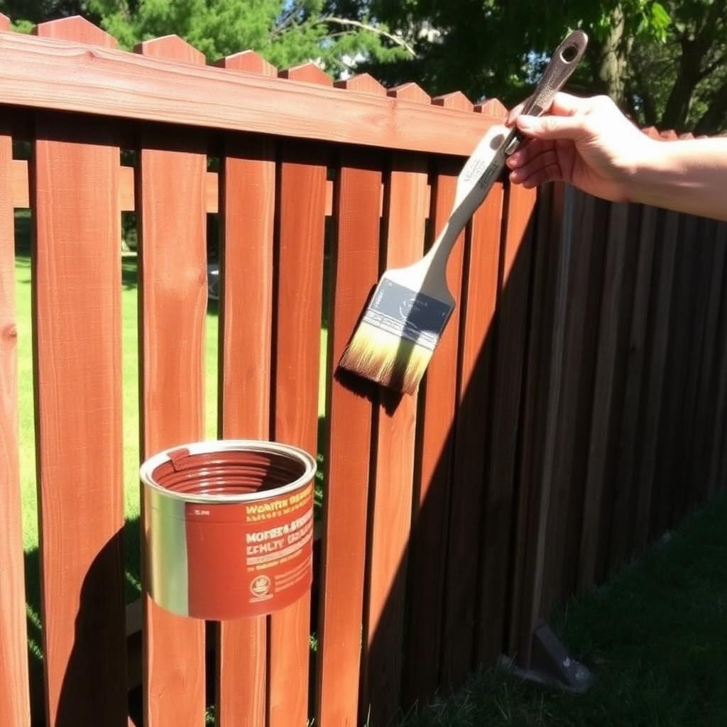 Wooden fence being stained a rich brown color
